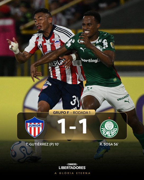 Já o Palmeiras ficou no 1 a 1 com o Junior Barranquilla, após sair atrás no placar. A equipe conseguiu reagir e garantiu um ponto importante fora de casa.
